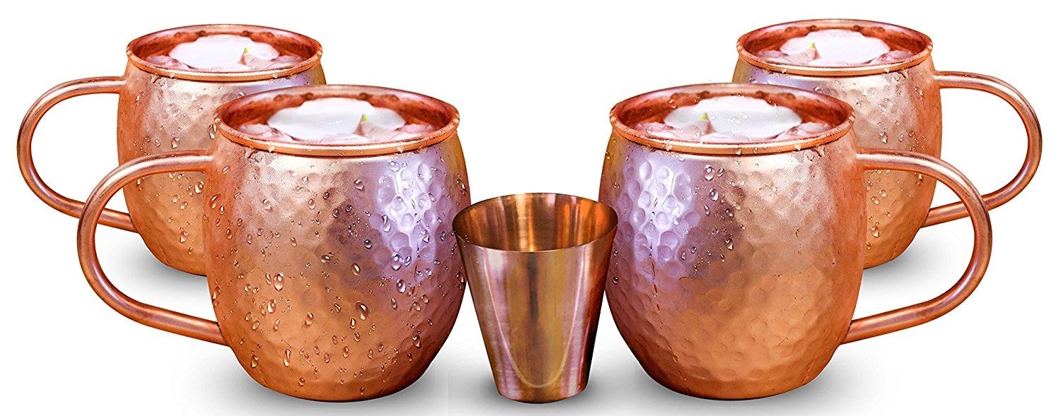 Willow & Everett Set of 4 Moscow Mule Copper Mugs with Copper Shot Glass - 4 16oz Copper Moscow Mule Mugs - Solid Copper Hammered Mug - Copper Cups for Moscow Mules