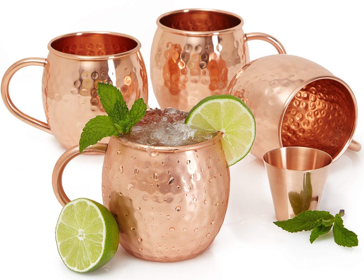 Willow & Everett Set of 4 Moscow Mule Copper Mugs with Copper Shot Glass - 4 16oz Copper Moscow Mule Mugs - Solid Copper Hammered Mug - Copper Cups for Moscow Mules