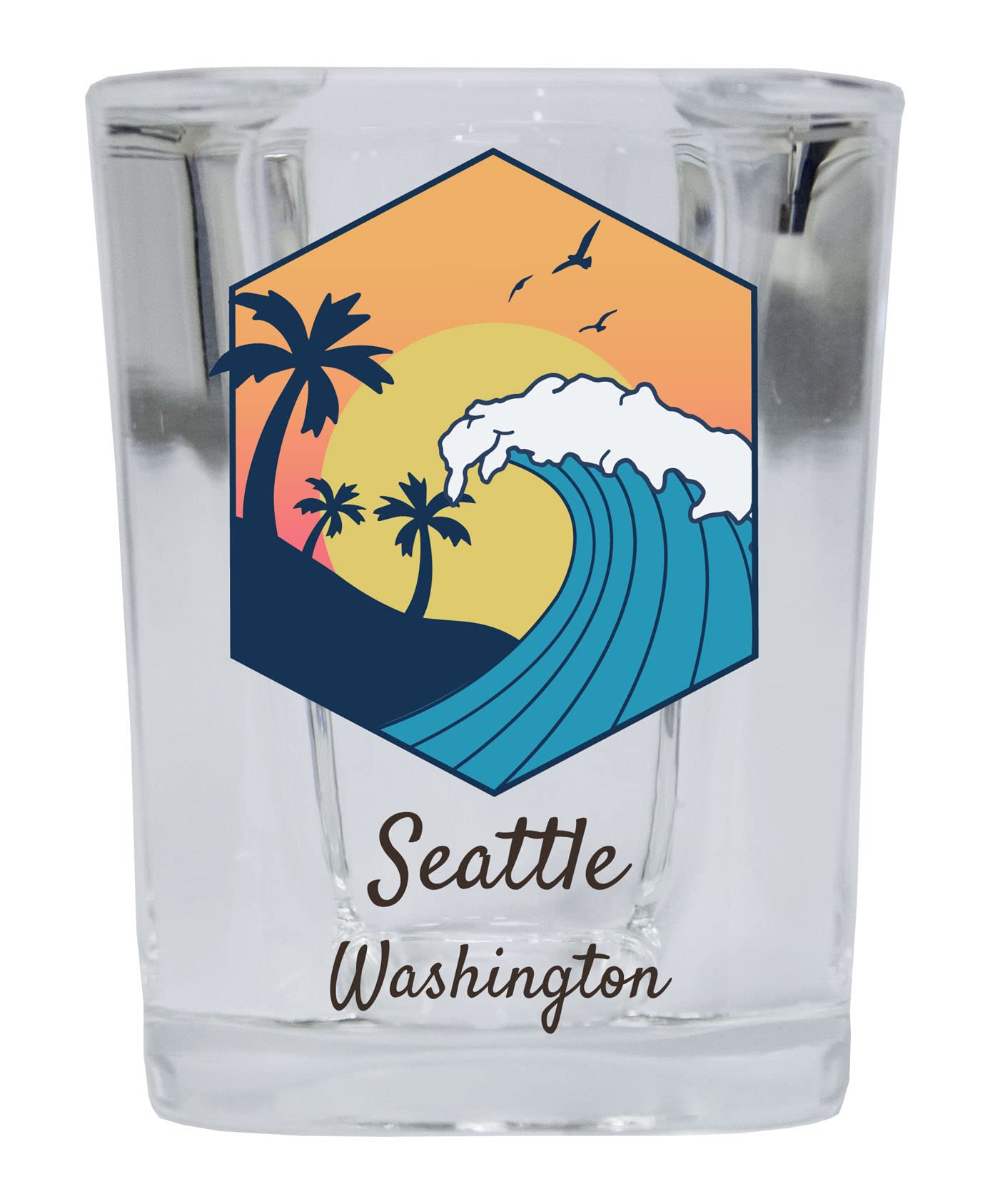 R and R Imports Seattle Washington Souvenir 2 Ounce Square Base Shot Glass Wave Design Single