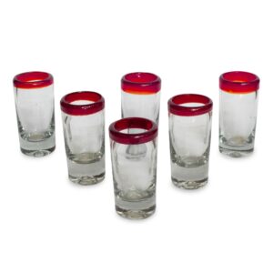 novica hand blown red clear recycled glass shot glasses, 2 oz 'ruby shot' (set of 6),3.7" h x 1.6" diam.