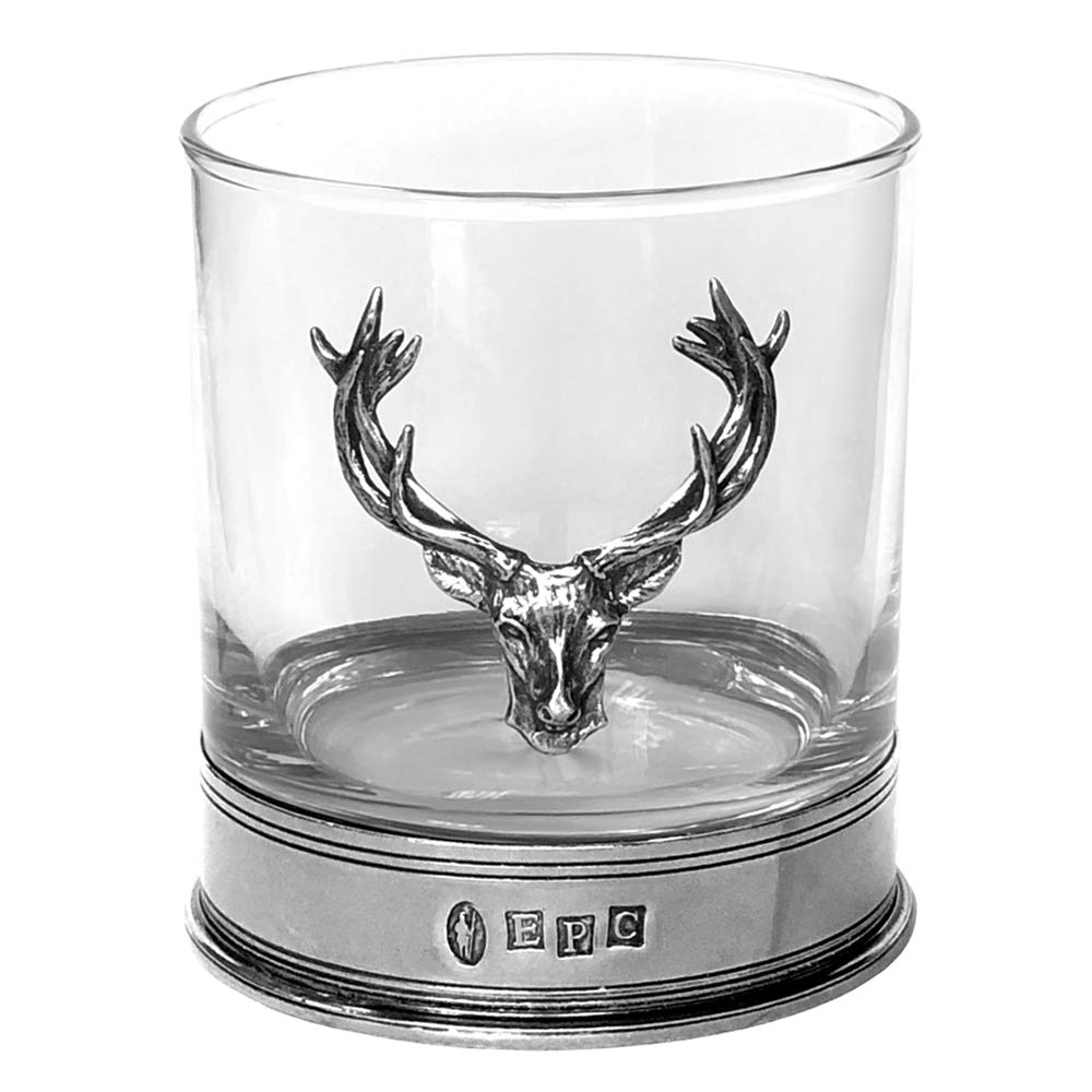 English Pewter Company 11oz Old Fashioned Whisky Rocks Glass Set With Pewter Stag Deer Head and Base [STAG105]