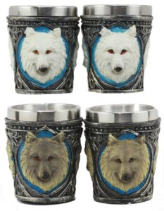 ebros myths legends and fantasy spirit themed 2-ounce shot glasses set of 4 resin housing with stainless steel liners great souvenir and party hosting idea (albino and gray wolf)