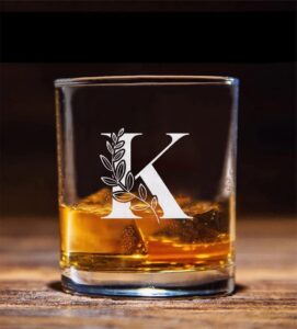 floral monogram ' k ' whiskey glass - letter a-z engraved - stemless whiskey glass - gifts for dad - mother's day - gift for mom - gifts for coworkers
