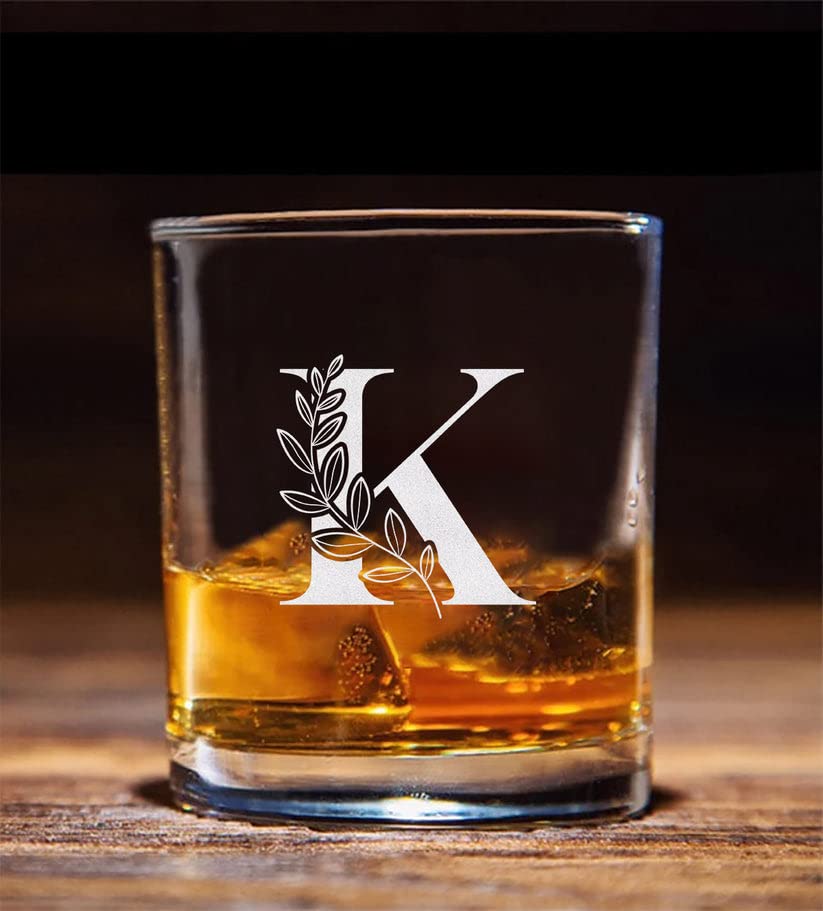 Floral Monogram ' K ' Whiskey Glass - Letter A-Z Engraved - Stemless Whiskey Glass - Gifts For Dad - Mother's Day - Gift For Mom - Gifts For Coworkers