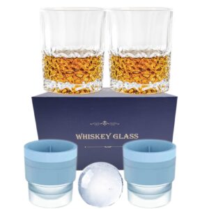 whiskey glasses,4-piece set (2 crystal glasses, 2 round ice ball molds) in gift box, 10 oz old fashioned,2.5 inches sphere ice ball,cocktails,brandy,whiskey gift for men at home bar