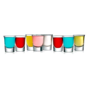 nutrichef 8 pack clear shot glasses - 1 oz elegant round shotglass set of 8 - stable base, thermal shock resistant - for hot/cold drink, whiskey, vodka, tequila shots, cordial, espresso