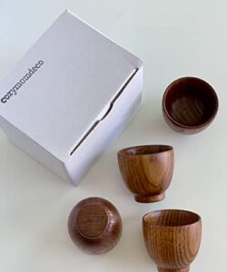 cozymomdeco asian traditional handmade ottchil wood sake soju cup gift box set natural solid wooden shot glass-ware small wooden mug 4pcs (paper box)