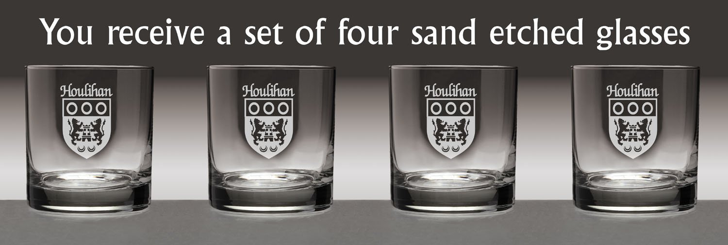 Houlihan Irish Coat of Arms Tumbler Glasses - Set of 4 (Sand Etched)