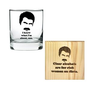 ron swanson i know what i'm about son rocks glass and clear alcohols are for rich women coaster gift set, funny ron swanson, parks and rec fan engraved barware whiskey glass (diamond black engraved)