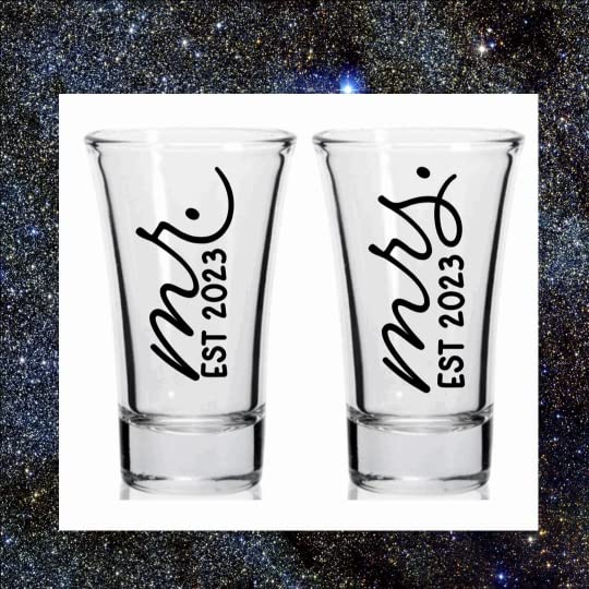 Jemley Mr. and Mrs. Est 2023 Shot Glasses Bride and Groom Shot Glasses Wedding Shot Glasses 2oz Shot Glasses Set of Two Mr. and Mrs. Engagement Present Wedding Shot Glasses | Bridal Shower Gift