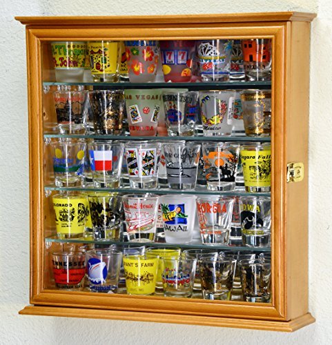 4 Adjustable Shelves Shot Glass Shotglass Shooter Mini Liquor Display Case Cabinet w/Mirror Back -Oak