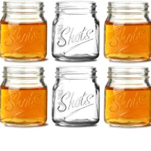 Circleware Mini Mason Jar Heavy Base Shot Glasses Set of 6 Fun Party Home Entertainment Dining Beverage Drinking Glassware Tumbler Whiskey Coffee Espresso Liquor Bar Jello Cups, Script, 4.9 oz