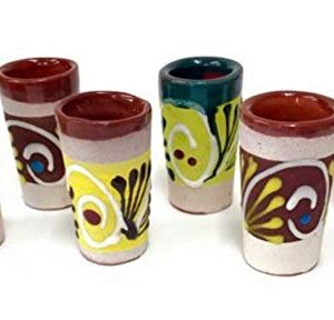 Made In Mexico Mexican Hand Painted Barro Clay Tequila Shots Glasses Set of 6 Assorted - Vaso Tequilero