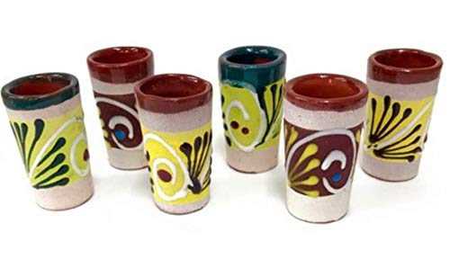 Made In Mexico Mexican Hand Painted Barro Clay Tequila Shots Glasses Set of 6 Assorted - Vaso Tequilero