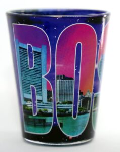 boston massachusetts color photo letters outside blue skyline inside shot glass