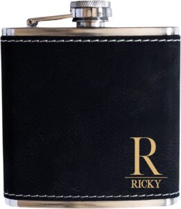 personalized flask for wedding gift. customized flask gift set. engraved leatherette flask with optional gift box for groomsmen gifts. engraved flask (black & gold)