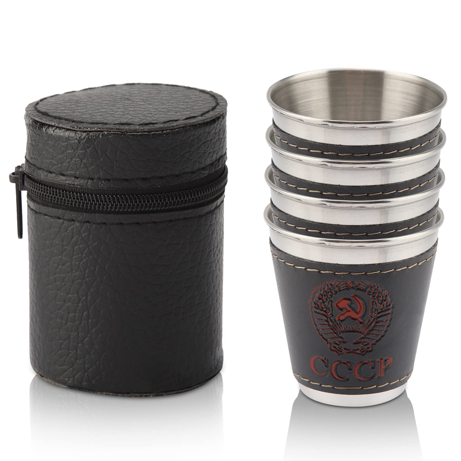 4Pcs 70ml Stainless Steel Shot Glasses Wine Cup Mini Portable Coffee Cup with Leather Cover for Travel Picnic