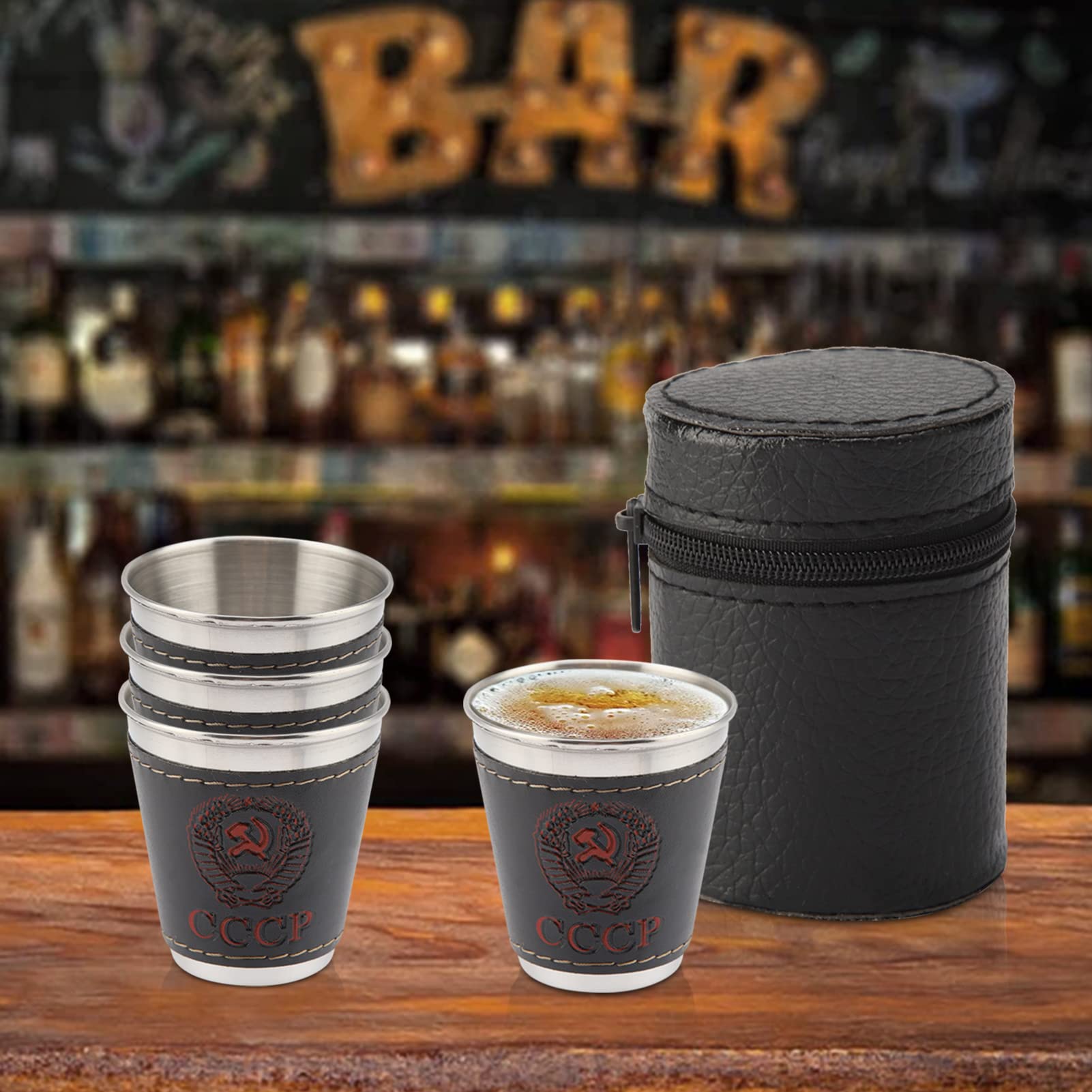 4Pcs 70ml Stainless Steel Shot Glasses Wine Cup Mini Portable Coffee Cup with Leather Cover for Travel Picnic