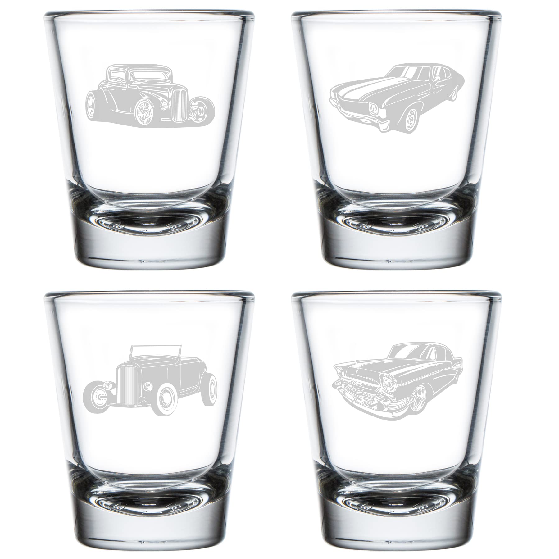 MIP Set of 4 Shot Glasses 1.75oz Shot Glass Gift Classic Cars Hotrod Collection