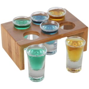 lily's home bamboo shot glass holder set with 6 crystal clear shot glasses, easy to carry and sophisticated to display, ideal for liquor shots at parties (1 oz. each glass)