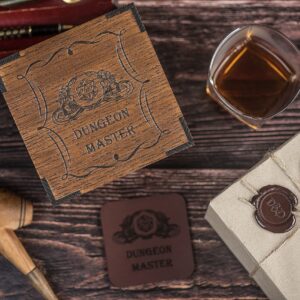 Dungeons Master gift, Whisky Glass with Gift wooden Box, full-grain leather coaster, dungeons and dragons gifts for men and women unique. Dungeons and dragons whiskey glasses