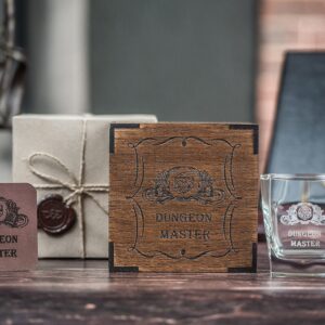 Dungeons Master gift, Whisky Glass with Gift wooden Box, full-grain leather coaster, dungeons and dragons gifts for men and women unique. Dungeons and dragons whiskey glasses