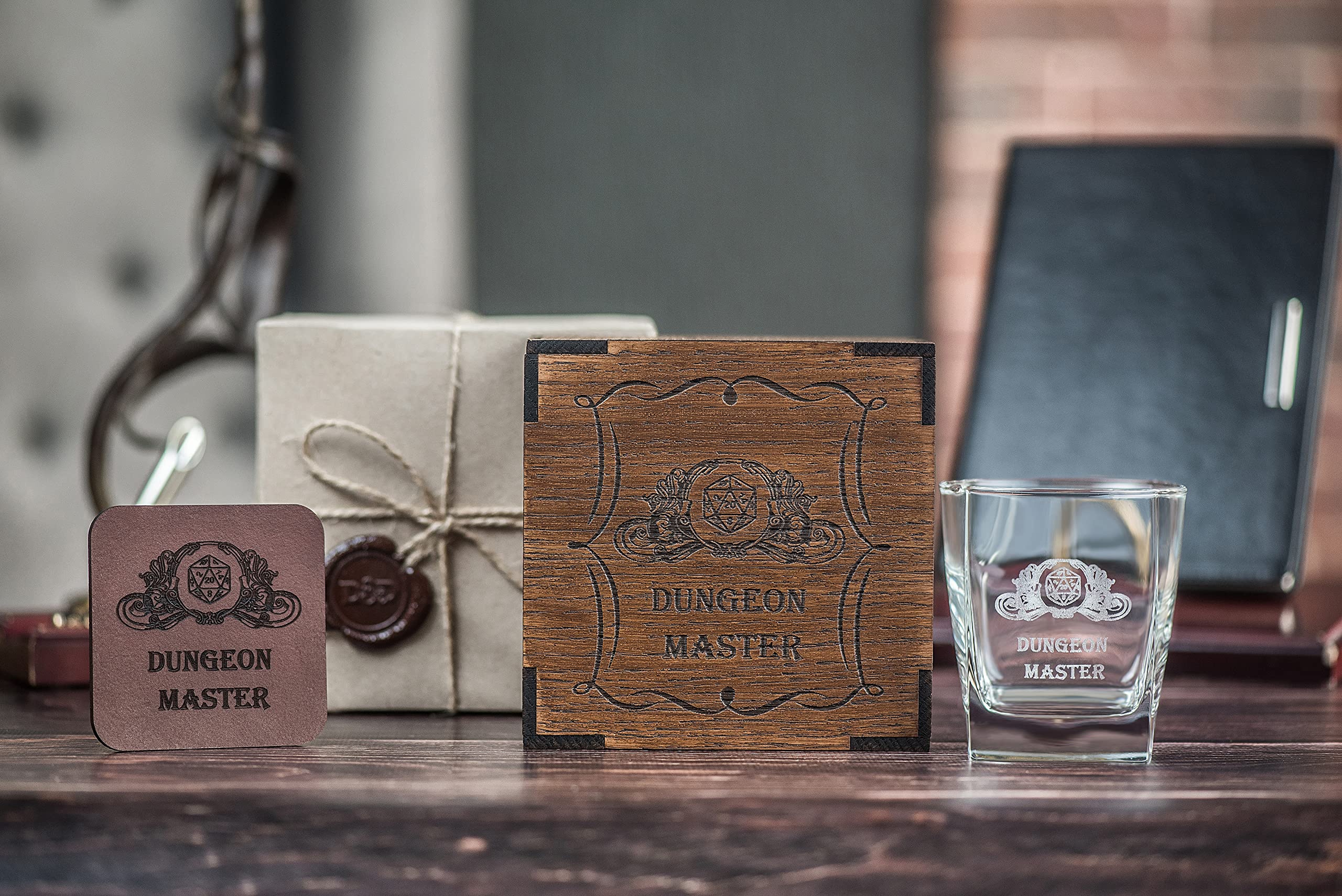 Dungeons Master gift, Whisky Glass with Gift wooden Box, full-grain leather coaster, dungeons and dragons gifts for men and women unique. Dungeons and dragons whiskey glasses