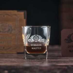 Dungeons Master gift, Whisky Glass with Gift wooden Box, full-grain leather coaster, dungeons and dragons gifts for men and women unique. Dungeons and dragons whiskey glasses