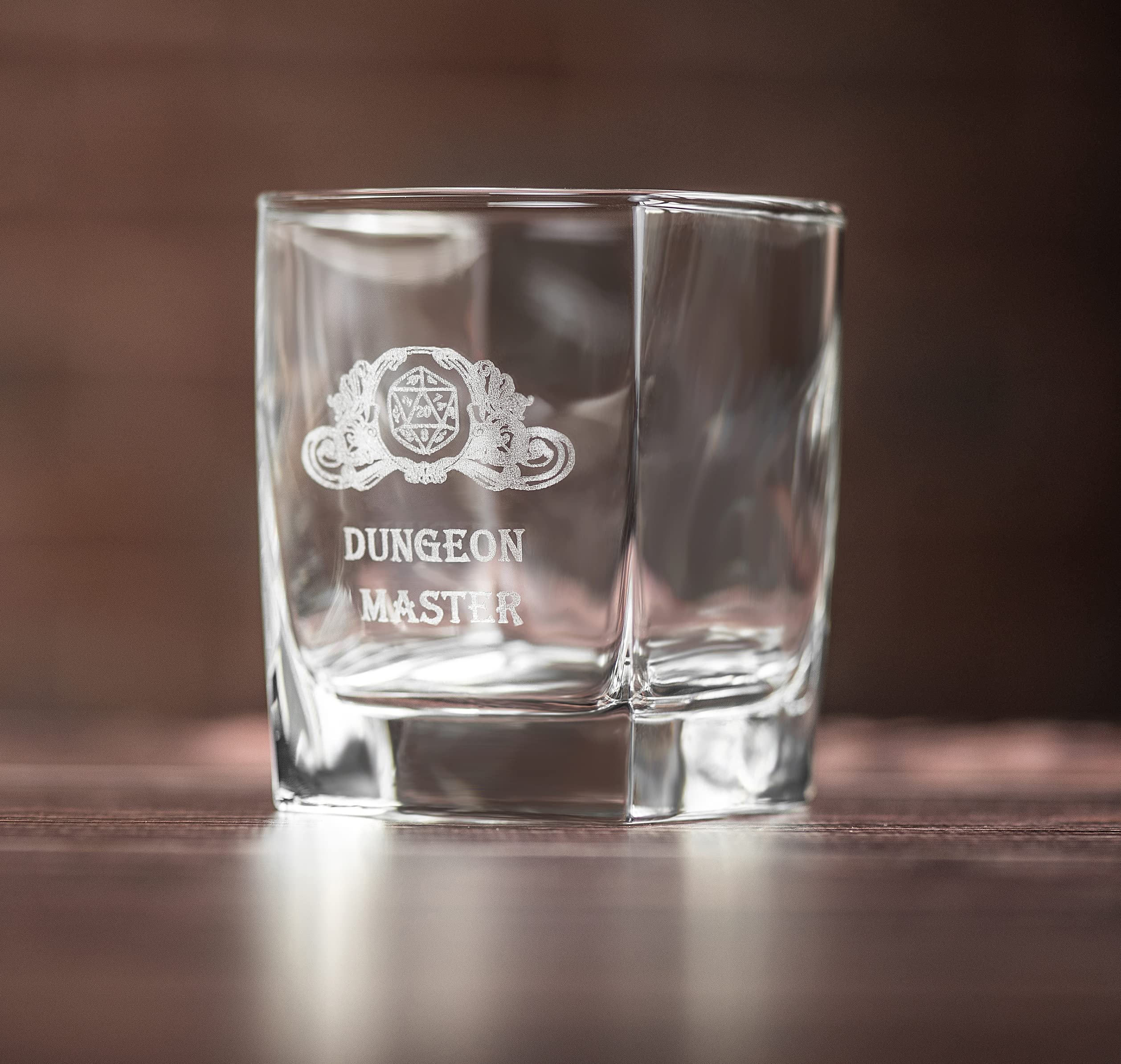 Dungeons Master gift, Whisky Glass with Gift wooden Box, full-grain leather coaster, dungeons and dragons gifts for men and women unique. Dungeons and dragons whiskey glasses