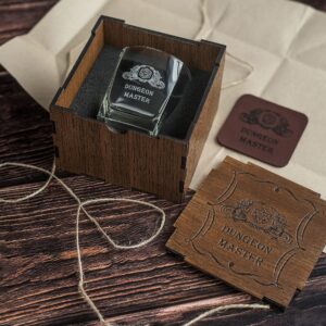 Dungeons Master gift, Whisky Glass with Gift wooden Box, full-grain leather coaster, dungeons and dragons gifts for men and women unique. Dungeons and dragons whiskey glasses