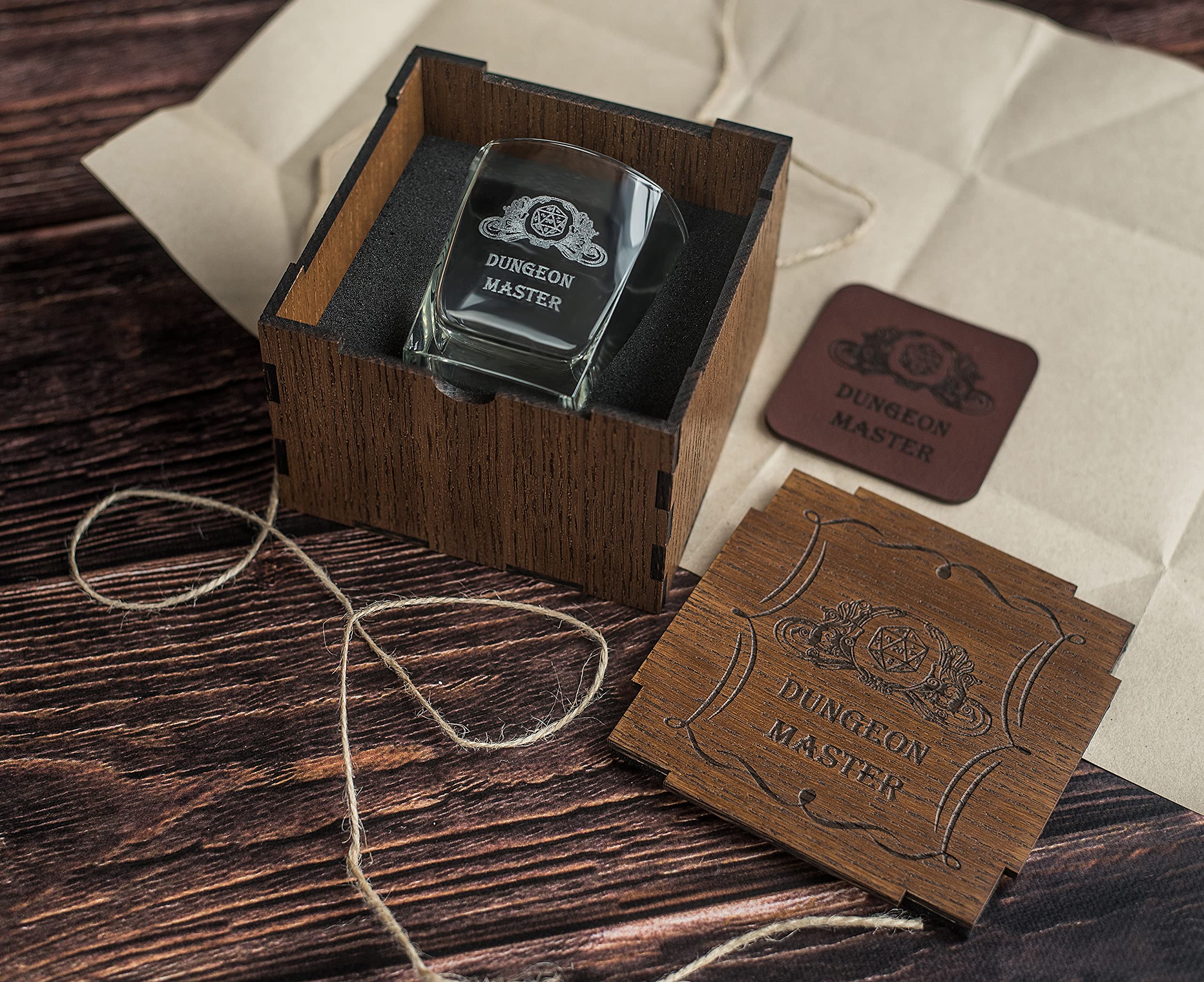 Dungeons Master gift, Whisky Glass with Gift wooden Box, full-grain leather coaster, dungeons and dragons gifts for men and women unique. Dungeons and dragons whiskey glasses