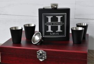 personalized flask set with shot glasses with wood or black gift box