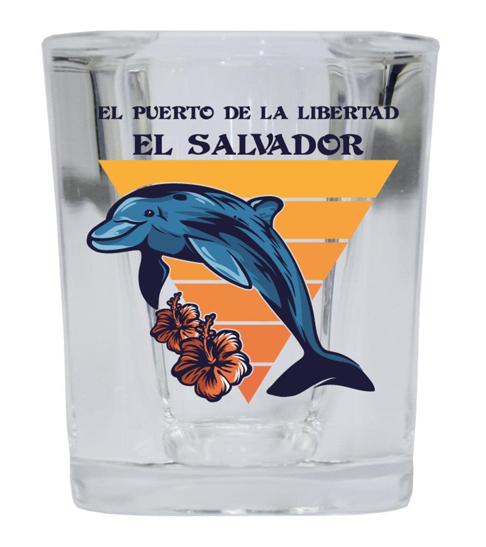 R and R Imports El Puerto De La Libertad El Salvador Beach Souvenir 2 oz Square Base Shot Glass Dolphin Design Single