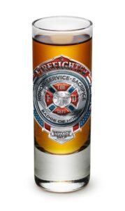 firefighter fire deptment -honor service sacrifice chrome badgeshot glass shooter heavy base tall 2 ounce - set of 2 - mini small glass - for liquor - whiskey, tequila, vodka, spirtis, beverages