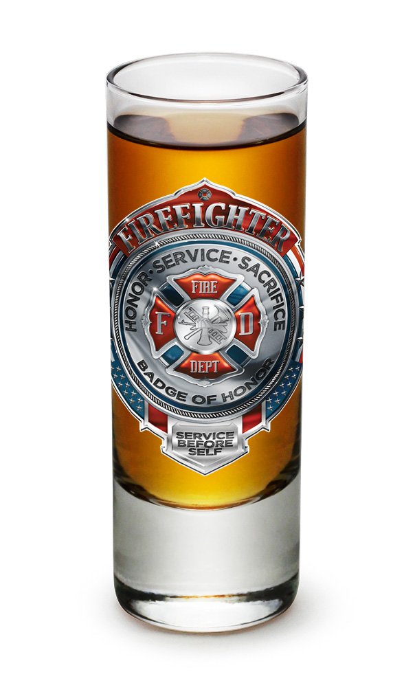 FireFighter Fire Deptment -Honor Service Sacrifice Chrome BadgeShot Glass Shooter Heavy Base Tall 2 Ounce - Set of 2 - Mini Small Glass - For Liquor - Whiskey, Tequila, Vodka, Spirtis, Beverages