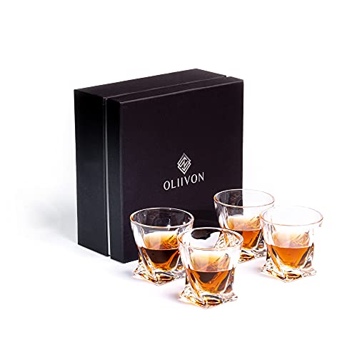 Premium Twist Design Whiskey Glasses - Set of 4 Whisky Glasses In Luxury Gift Box, 10oz Lead-Free Glasses, Great For Bourbon, Scotch, Old Fashioned Cocktails, Ideal For Men, Fathers, Sons, Boyfriends