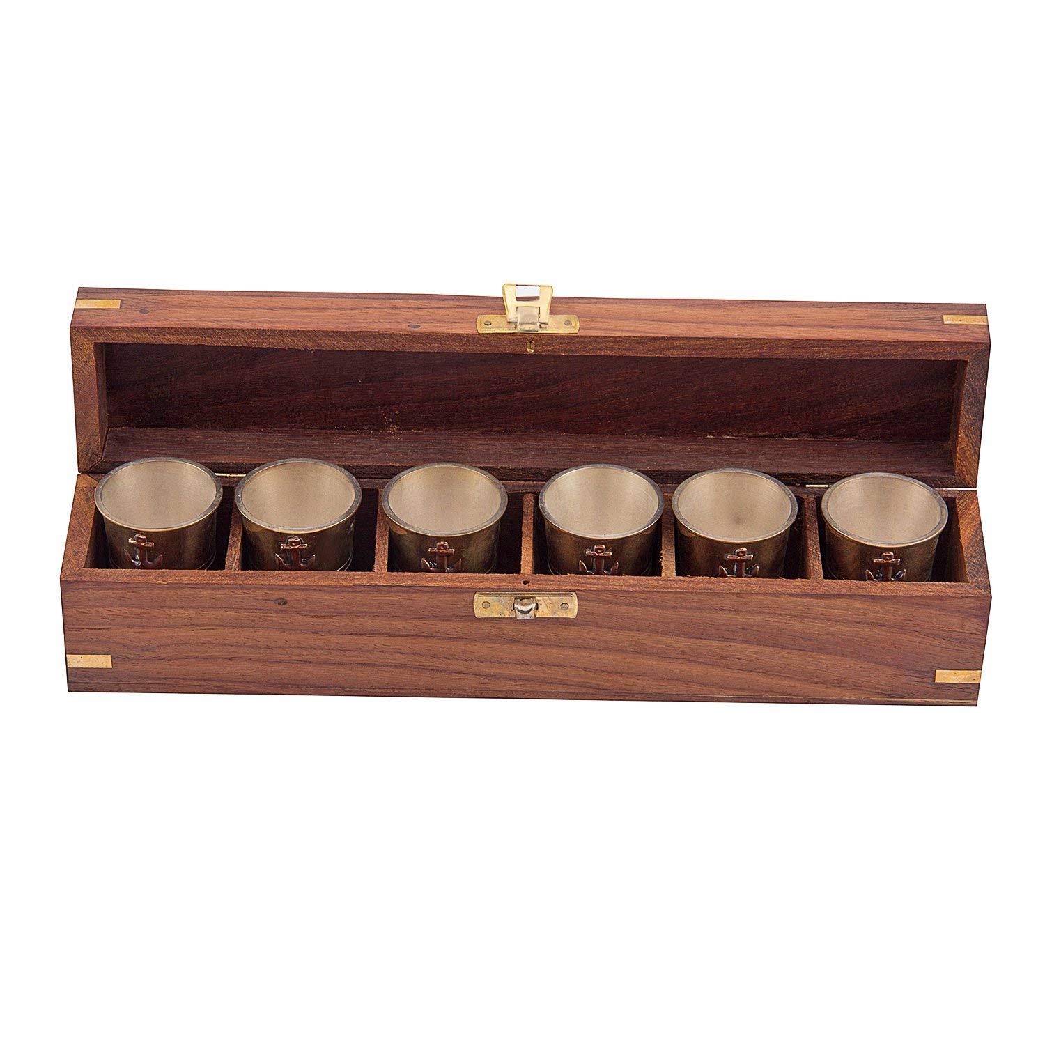 Brass Tequila Shot Glass with Anchor Monogram in Handmade Wooden Box – Six Glass Set