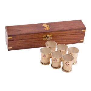 Brass Tequila Shot Glass with Anchor Monogram in Handmade Wooden Box – Six Glass Set