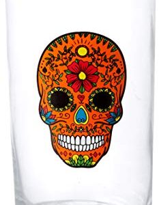 Circleware Halloween Sugar Skull Hiball Cooler, Set of 4 Heavy Drinking Glass Tumbler Cups for Water, Juice, Milk, Beer, Whiskey, Vodka, Farmhouse Decor, 14.5 oz, Black, White, Purple, Orange