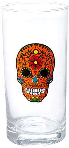 Circleware Halloween Sugar Skull Hiball Cooler, Set of 4 Heavy Drinking Glass Tumbler Cups for Water, Juice, Milk, Beer, Whiskey, Vodka, Farmhouse Decor, 14.5 oz, Black, White, Purple, Orange