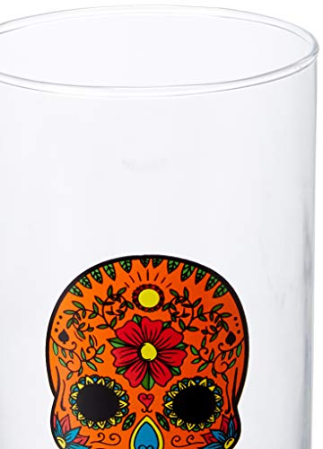 Circleware Halloween Sugar Skull Hiball Cooler, Set of 4 Heavy Drinking Glass Tumbler Cups for Water, Juice, Milk, Beer, Whiskey, Vodka, Farmhouse Decor, 14.5 oz, Black, White, Purple, Orange