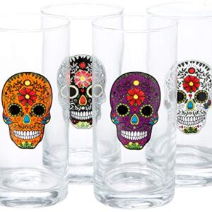 Circleware Halloween Sugar Skull Hiball Cooler, Set of 4 Heavy Drinking Glass Tumbler Cups for Water, Juice, Milk, Beer, Whiskey, Vodka, Farmhouse Decor, 14.5 oz, Black, White, Purple, Orange