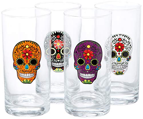 Circleware Halloween Sugar Skull Hiball Cooler, Set of 4 Heavy Drinking Glass Tumbler Cups for Water, Juice, Milk, Beer, Whiskey, Vodka, Farmhouse Decor, 14.5 oz, Black, White, Purple, Orange