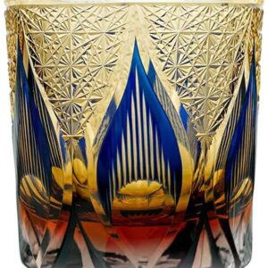 JIACI Edo Kiriko style Hand Cut Crystal Glass Tumbler Whisky 260ml Tumbler For Whiskey-Cocktail-Vodka-Beer Drinkingware Glasses Crystal Whiskey With Gift Box (Amber Blue)