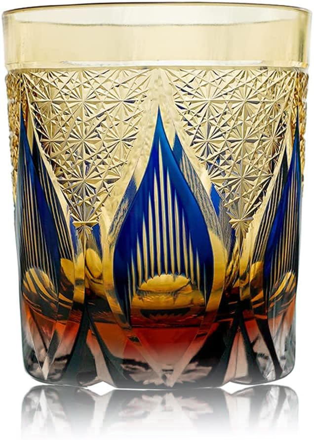 JIACI Edo Kiriko style Hand Cut Crystal Glass Tumbler Whisky 260ml Tumbler For Whiskey-Cocktail-Vodka-Beer Drinkingware Glasses Crystal Whiskey With Gift Box (Amber Blue)