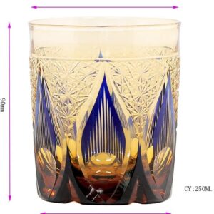 JIACI Edo Kiriko style Hand Cut Crystal Glass Tumbler Whisky 260ml Tumbler For Whiskey-Cocktail-Vodka-Beer Drinkingware Glasses Crystal Whiskey With Gift Box (Amber Blue)