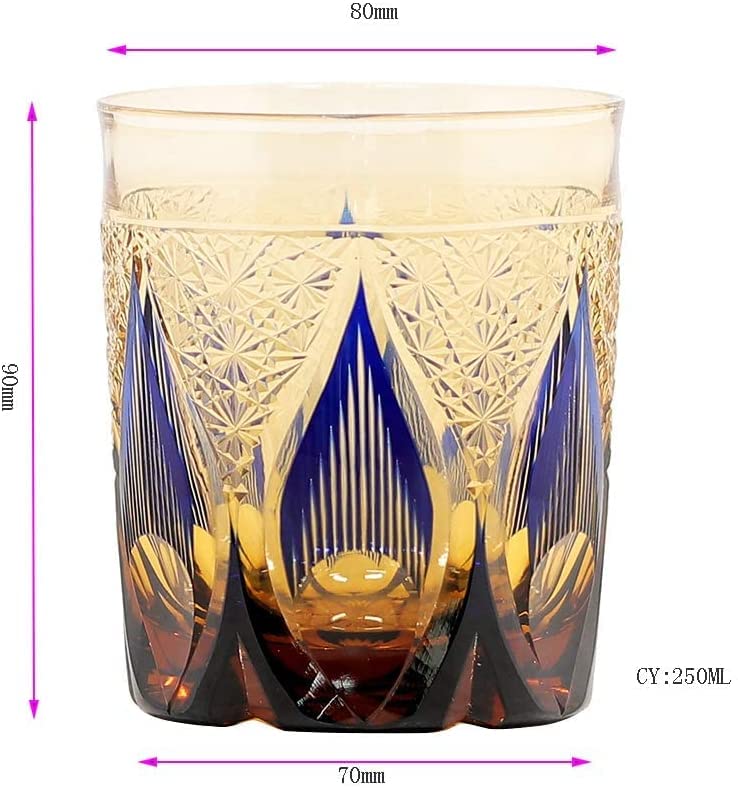 JIACI Edo Kiriko style Hand Cut Crystal Glass Tumbler Whisky 260ml Tumbler For Whiskey-Cocktail-Vodka-Beer Drinkingware Glasses Crystal Whiskey With Gift Box (Amber Blue)