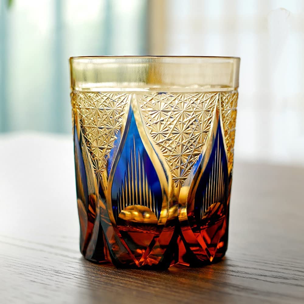 JIACI Edo Kiriko style Hand Cut Crystal Glass Tumbler Whisky 260ml Tumbler For Whiskey-Cocktail-Vodka-Beer Drinkingware Glasses Crystal Whiskey With Gift Box (Amber Blue)