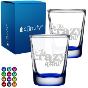 i'm the crazy aunt 2oz blue bottom shot glasses set of 2 etched party favors cool birthday gifts for auntie, her, sister, women