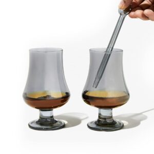 Amehla Handblown Whiskey Tasting Set of 2, 5-ounce Whisky Glasses with Water Dropper Pipette - Snifter for Sipping Bourbon Copita Scotch Glass Set for Nosing and Drinking Spirits